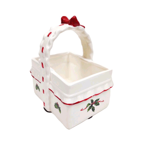 VTG Lefton Ceramic Holly Berry Christmas Basket Candy Dish Red Bow Hand Painted - Picture 4 of 7
